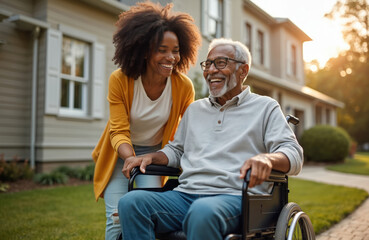 Fototapeta premium Happy black woman pushes senior father in wheelchair on suburban street. Woman smiles as helps elderly man. Outdoors in front of house with green lawn. Man wears glasses, casual clothes. Woman wears