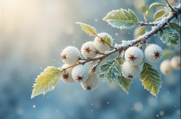 Detailed close-up of a tree branch featuring white, round berries and green leaves heavily coated in shimmering white frost 