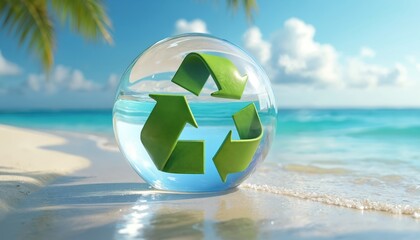 Green recycling symbol inside glass sphere on beach near ocean. The illustration reflects eco, environmental protection. Environment conservation concept with transparent water sphere.