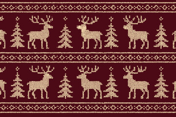 Pattern featuring reindeer and Christmas trees in traditional knit design on a rich maroon background