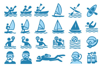 Various water sports activities depicted in simple blue icons showing kayaking, windsurfing, sailing, and scuba diving fun at the beach