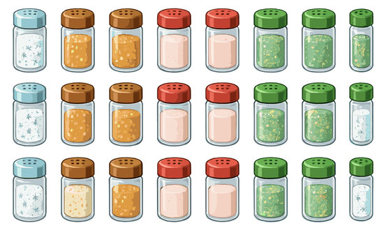 Different types of spices and seasonings arranged in jars for cooking and baking