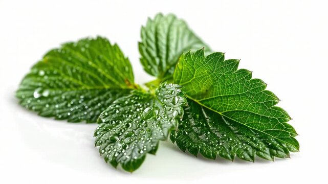 Video Fresh green leaf with dew drops, perfect for nature or scientific uses