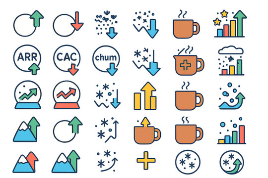 Infographic showing various business metrics and concepts in simple illustrations related to growth and retention strategies