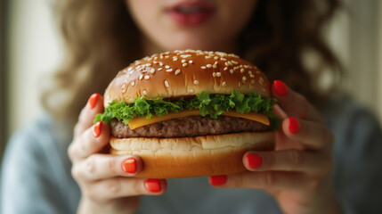Woman's hands with red nail polish holding a delicious hamburger with cheese and lettuce. Appetizing meal and quick snack