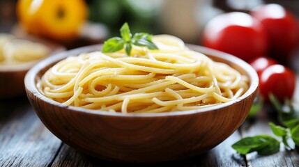 Delicious spaghetti pasta in wooden bowl garnished with fresh basil leaf on rustic table. Italian cuisine and healthy meal preparation