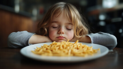 Young blonde child sleeping with eyes closed, head resting on arms in front of a plate of pasta. Loss of appetite, childhood exhaustion and mealtime banner with copy space