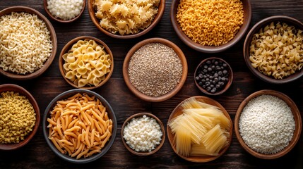 Various types of dry pasta and grains in wooden bowls on dark background. Food preparation and healthy eating ingredients