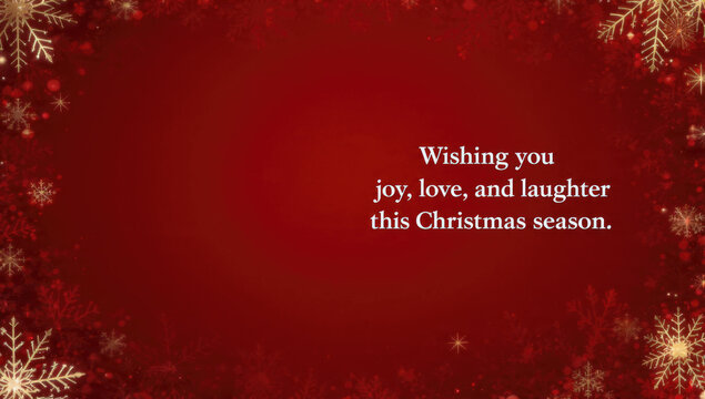 A festive red background adorned with golden and red snowflakes, sparkles, and bokeh, conveying warm wishes for joy, love, and laughter this Christmas season.