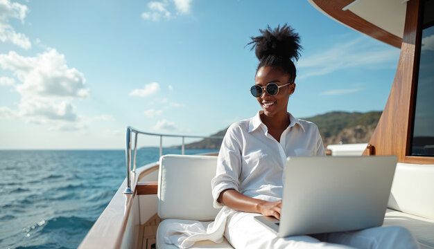 Attractive black woman enjoys work on yacht. She uses laptop during sea trip. Remote work vacation concept. Digital nomad lady travels for freelance business. Woman smiles at camera. - Powered by Adobe