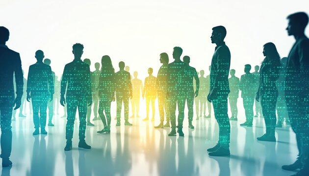 Diverse group of people in suits appear as silhouettes filled with digital data. They stand together representing unity in the tech industry. Future business connections glow.