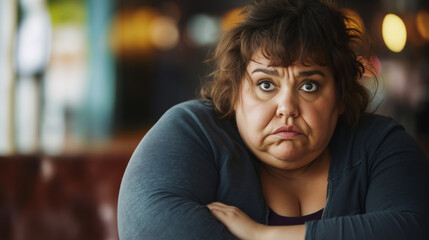 Caucasian woman with brown hair and a worried expression, looking directly at camera with arms crossed. Emotional reaction and overweight Issues