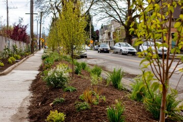 Fresh green trees and plants fill an urban planting strip between a concrete sidewalk and a city street with cars.