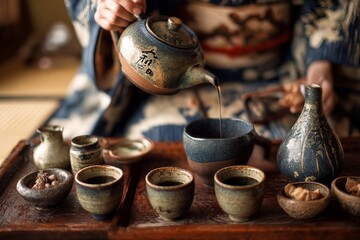 Dark tea streams from a ceramic teapot into a rustic cup surrounded by traditional pottery on a wooden tray.