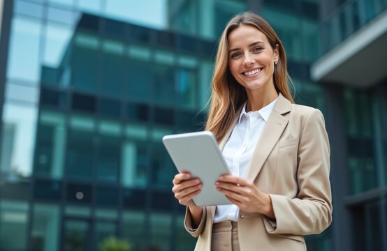 Young businesswoman smiles holding digital tablet, stands near office building. Professional woman uses tech device, looks confident, happy in work environment.