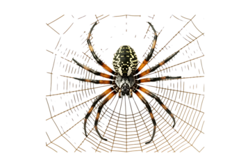 Detailed close up of a garden spider on its web isolated on white background