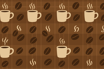 Obraz premium Warm seamless coffee pattern with mugs, beans, and plaid background