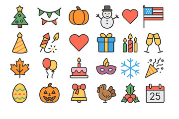 Festive holiday and celebration icon set with colorful design