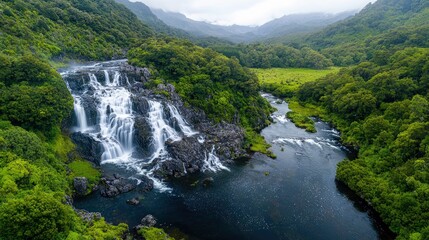 Aerial view of a waterfall flowing into a river surrounded by vibrant green vegetation in a mountainous landscape under an overcast sky.