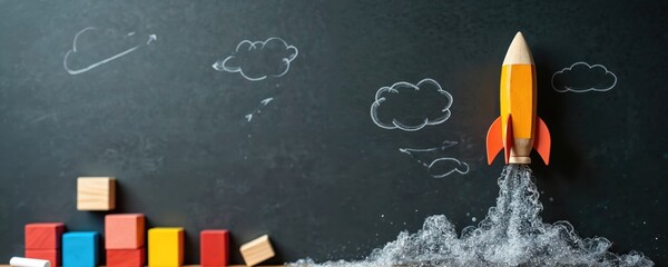 Pencil rocket launches upward on blackboard. Wooden cubes and chalk lie near by. Clouds drawn with chalk above, symbolise dreams and goals. It is concept of start up, innovation.