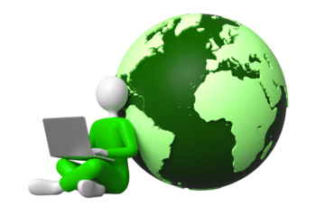 3D character with laptop and green globe in modern minimalist style with soft natural lighting on white background for technology