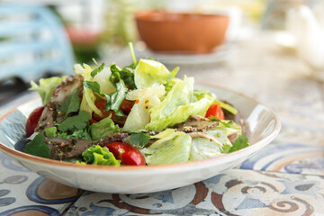 A fresh and colorful mixed salad with lettuce, cherry tomatoes, herbs, and slices of seasoned meat served in a ceramic bowl, perfect for a healthy meal on a bright outdoor table.