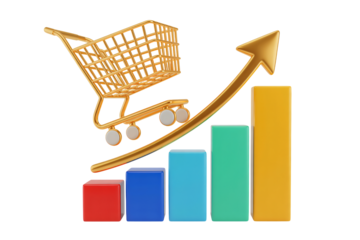 Shopping Cart with Rising Sales Graph in 3D Illustration with Bright Colorful Bars and Golden Trolley for E-commerce Marketing