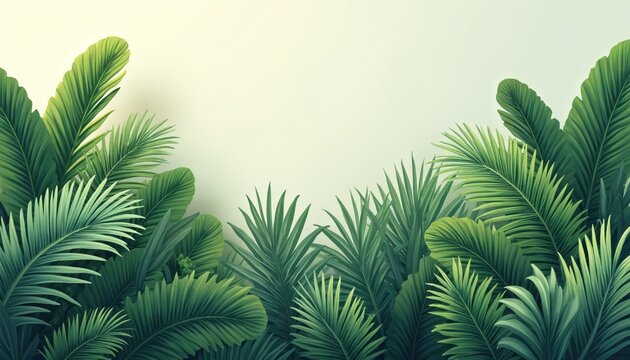Green tropical leaves illustration creates jungle environment. Concept for eco banner nature background. Great for posters, web design templates, book covers wellness center promotion. Leaves, light