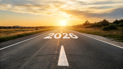 2026 Goal plan action, Business target and growth strategy. New year resolution and challenge. 2026 on the road in the middle of asphalt road with at sunset forward and planning to the goal.