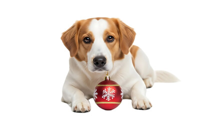 A dog with brown and white fur lying down with a red christmas ornament on a black background studio shot