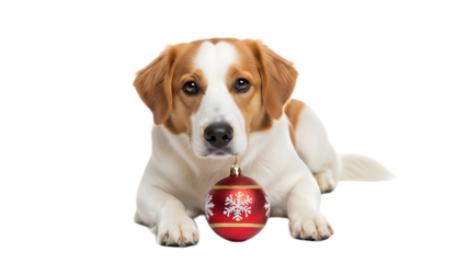 A dog with brown and white fur lying down with a red christmas ornament on a black background studio shot