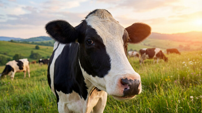 Close-up dairy cow on lush highland pasture with warm, serene lighting. - Powered by Adobe