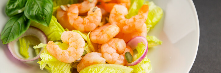 Shrimp salad seafood tasty snack fresh delicious gourmet food background on the table rustic top view copy space keto and paleo diet vegetarian food pescetarian diet