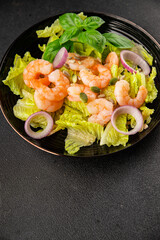 Shrimp salad seafood tasty snack fresh delicious gourmet food background on the table rustic top view copy space keto and paleo diet vegetarian food pescetarian diet
