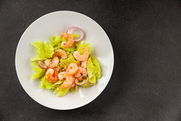Shrimp salad seafood tasty snack fresh delicious gourmet food background on the table rustic top view copy space keto and paleo diet vegetarian food pescetarian diet