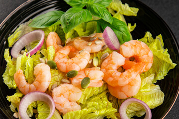 Shrimp salad seafood tasty snack fresh delicious gourmet food background on the table rustic top view copy space keto and paleo diet vegetarian food pescetarian diet