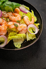 Shrimp salad seafood tasty snack fresh delicious gourmet food background on the table rustic top view copy space keto and paleo diet vegetarian food pescetarian diet