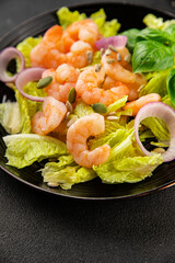 Shrimp salad seafood tasty snack fresh delicious gourmet food background on the table rustic top view copy space keto and paleo diet vegetarian food pescetarian diet