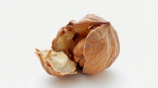 Video A close-up of a nutshell on a white surface, ideal for use in still life or nature-themed compositions