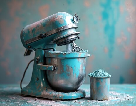 Vintage teal stand mixer on table. Powdered substance in a cup. Baking cooking process concept. Antique kitchen tool isolated on background. Culinary equipment