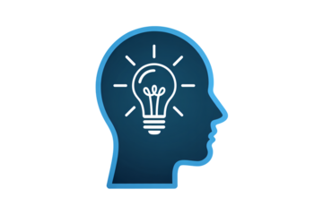 Human Head with Lightbulb Idea in Simple Flat Design on Dark Blue Background with White Accents for Business