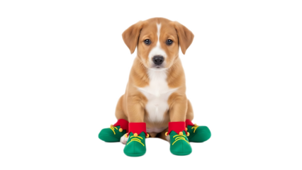 A tan and white puppy sitting with green and red elf shoes on all four paws against black background