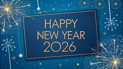 Happy New Year 2026 Holiday Greeting card. Square creative New year congratulation web banner with golden sparkling text on festive blue background