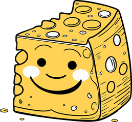 A cute smiling cartoon cheese block with round holes and blushing cheeks, illustrated in a bold, playful style.