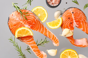 Fototapeta premium Flying raw salmon steaks and different spices on grey background
