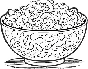 A large patterned bowl is filled with elbow macaroni in a bold black-and-white illustrated style.