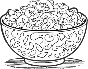 A large patterned bowl is filled with elbow macaroni in a bold black-and-white illustrated style.