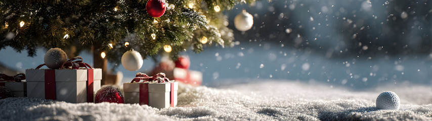 Christmas tree closeup with gifts on snowy golf course with golf ball lying in the snow and golf flag in the background. Concept of resting golf sport during Christmas time.