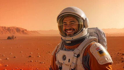 Smiling astronaut gives thumbs up gesture on Mars surface. Space explorer celebrates mission success in extraterrestrial environment. Camera pans and tilts around subject.