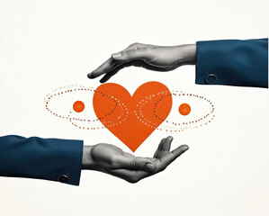 Two hands show care and love for Valentine Day. Orange heart floats between them. The photo means support each other. Love holiday illustration concept. Greeting card, poster, background art.